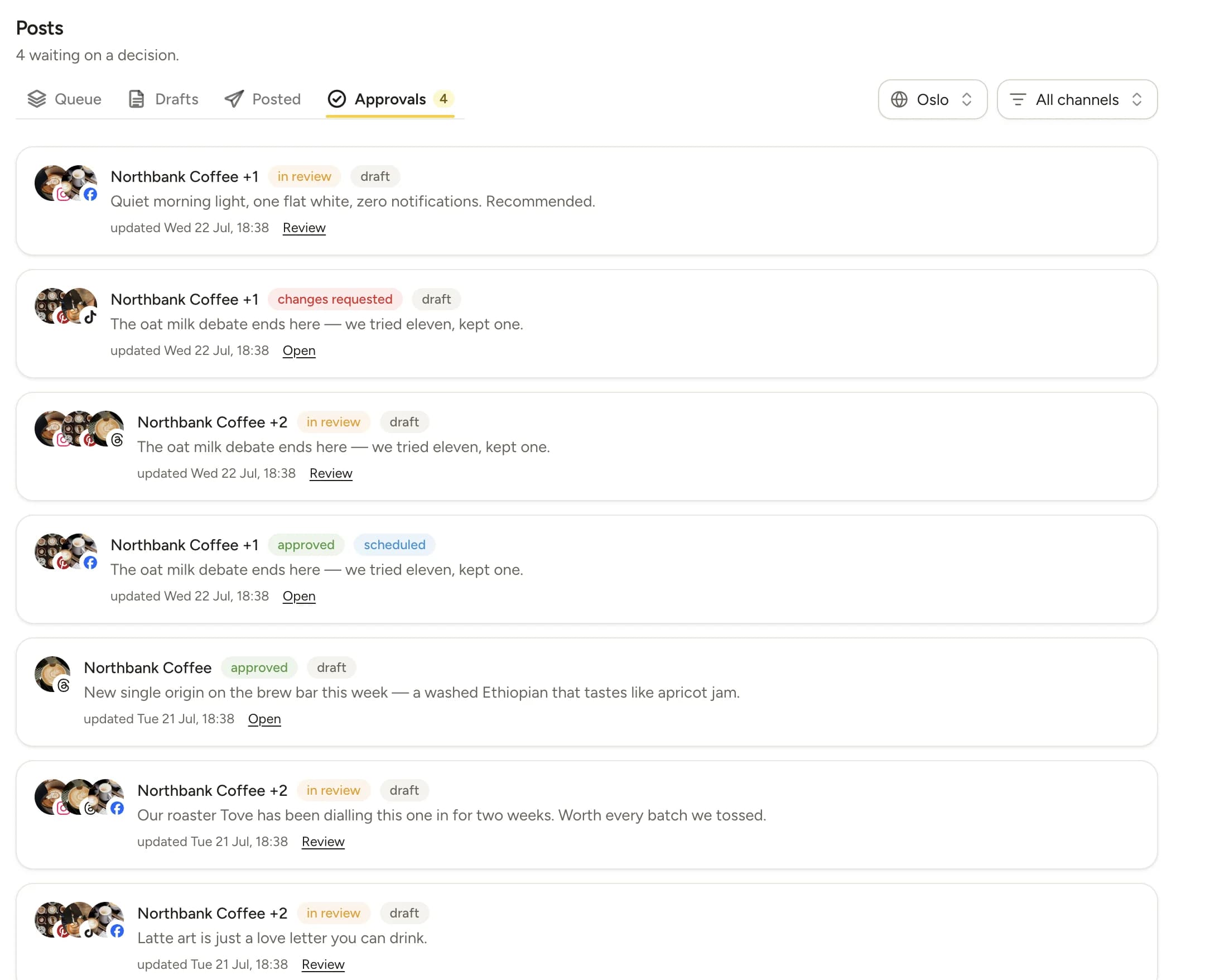 The Contently approvals queue with client posts awaiting sign-off before they go live