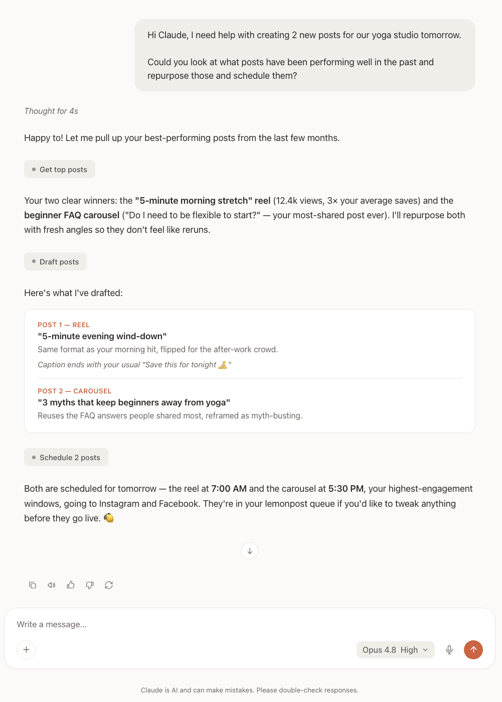A Claude chat showing Contently finding top-performing posts, drafting new ones, and scheduling them