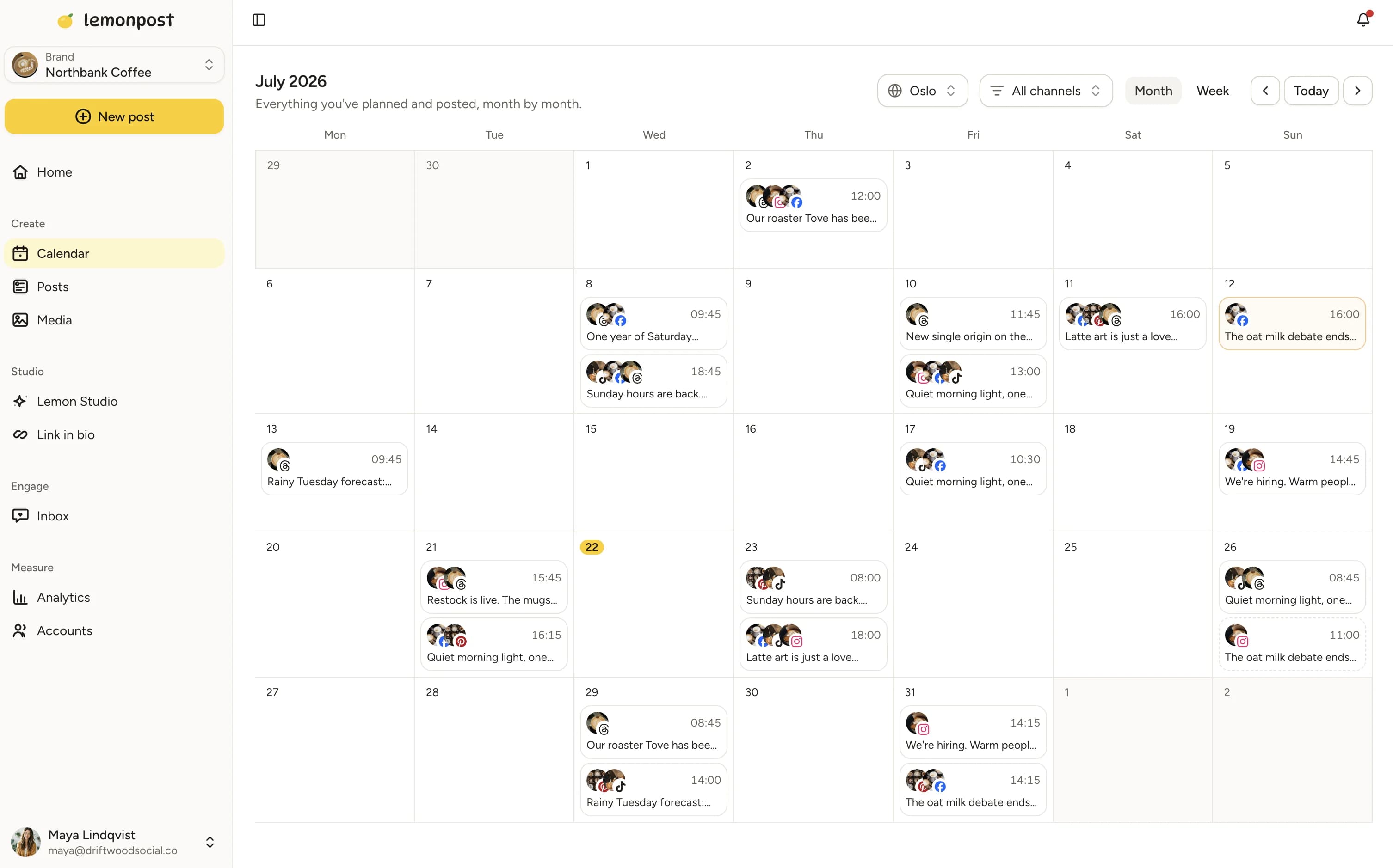 The Contently calendar with a month of posts scheduled across every platform