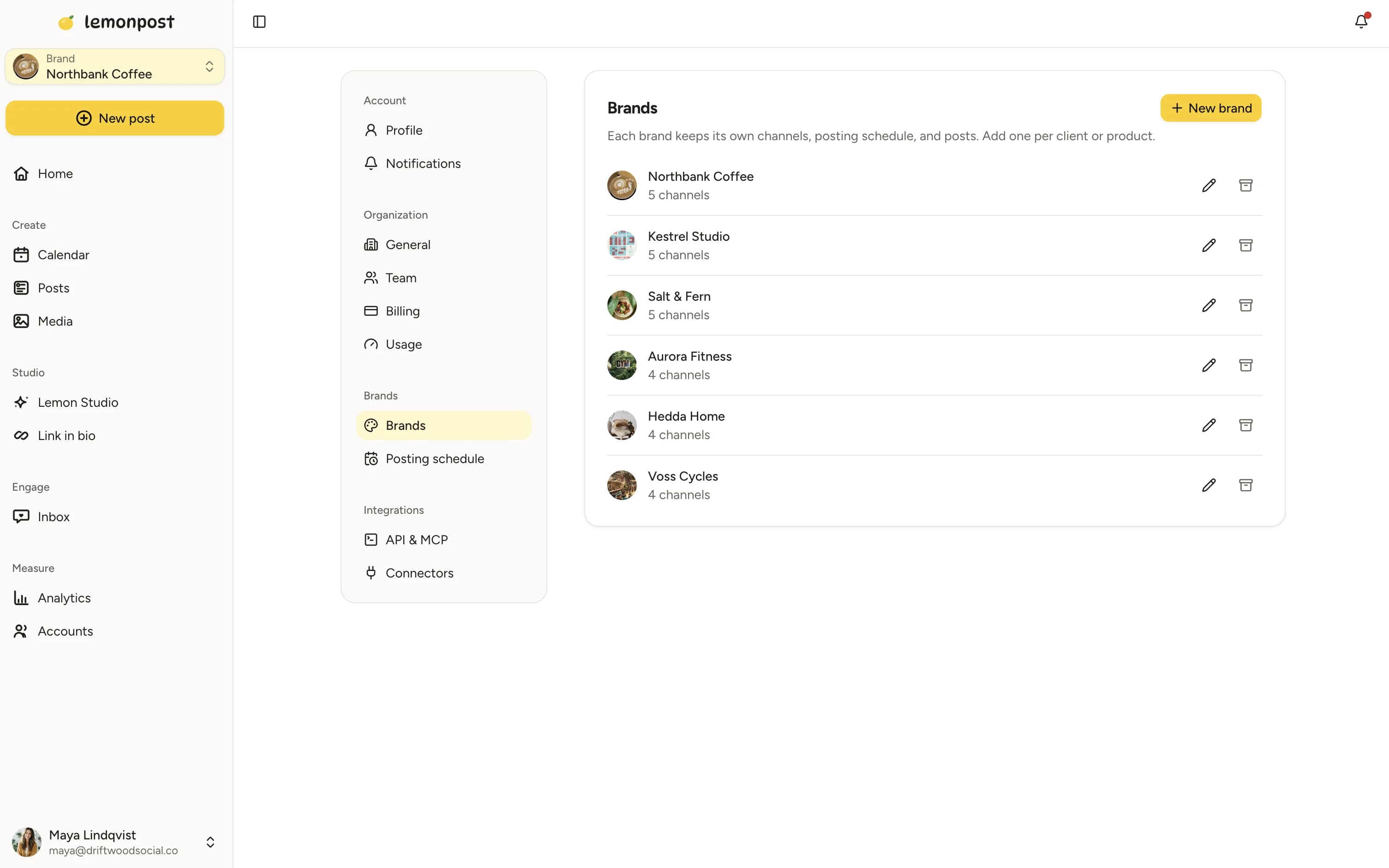 Brand settings showing multiple client brands managed side by side