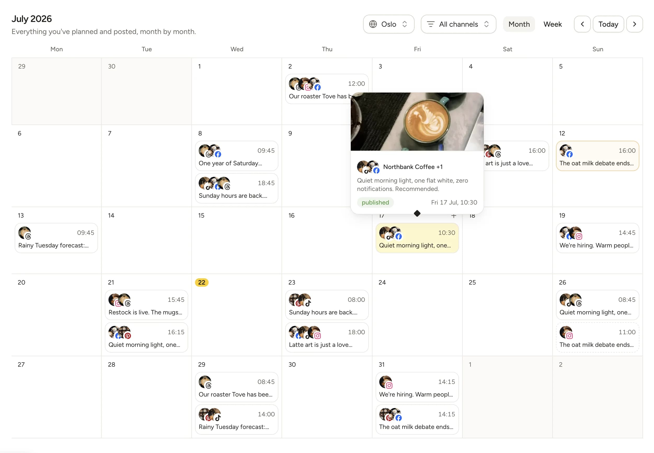 The Contently calendar showing a month of scheduled posts with a hover preview