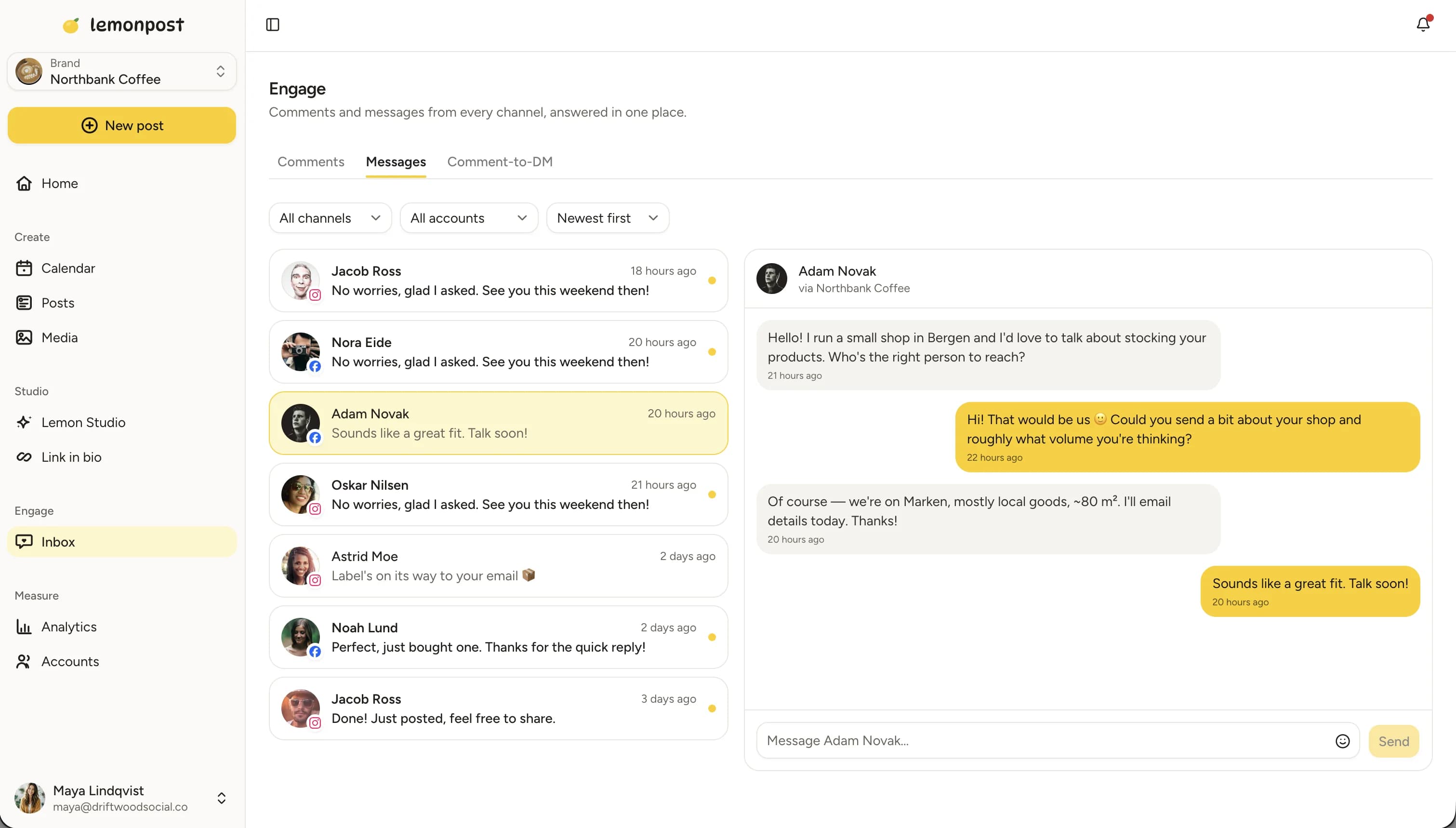Engage inbox showing replies from several connected accounts
