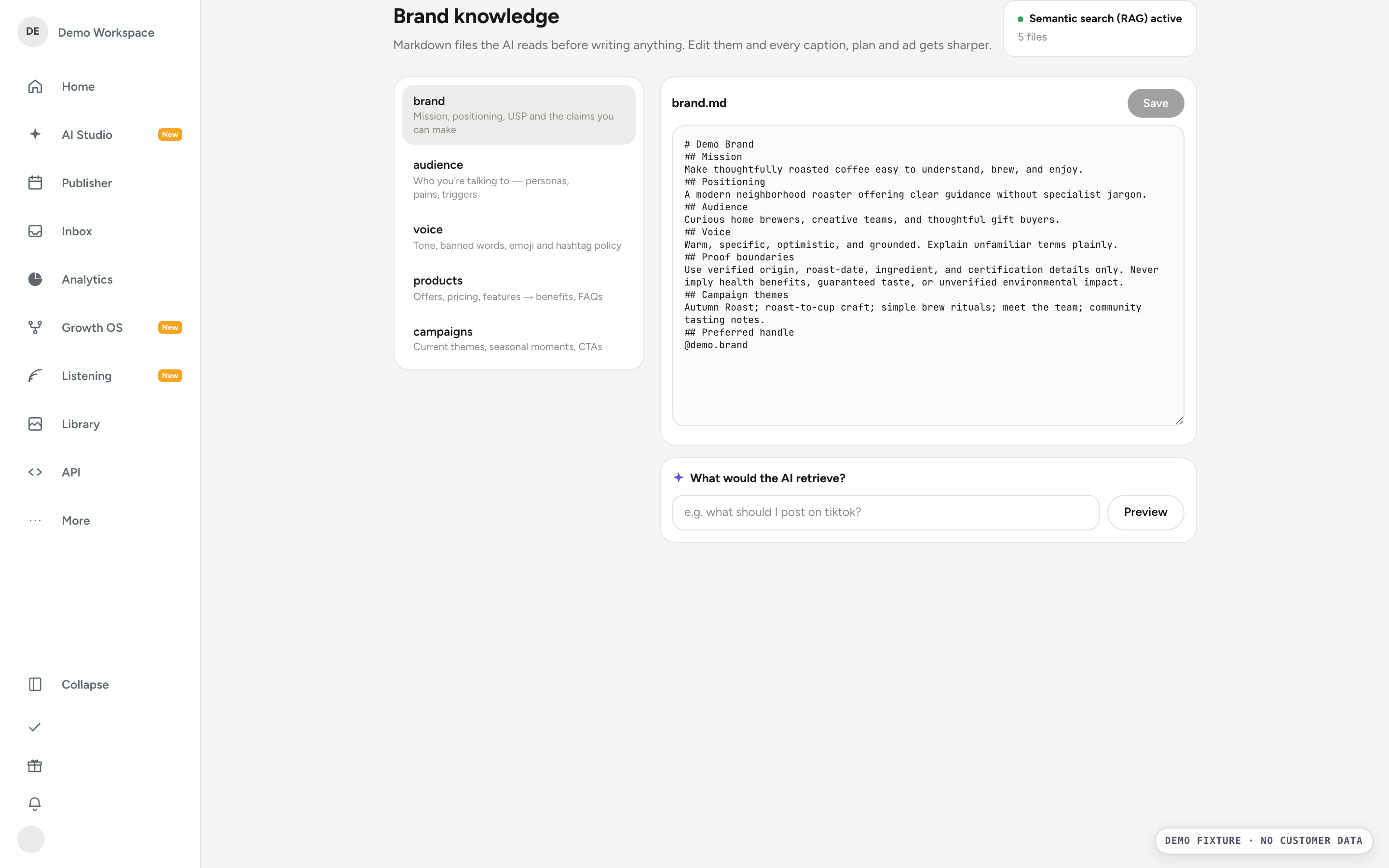Brand Knowledge editor showing synthetic positioning, voice, and content guardrails