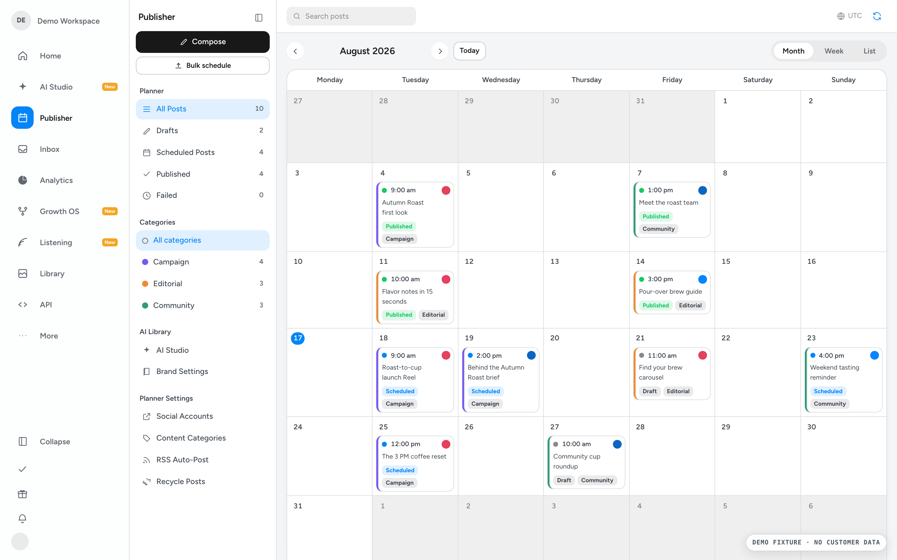 Publisher month calendar with demo drafts, scheduled posts, and published content